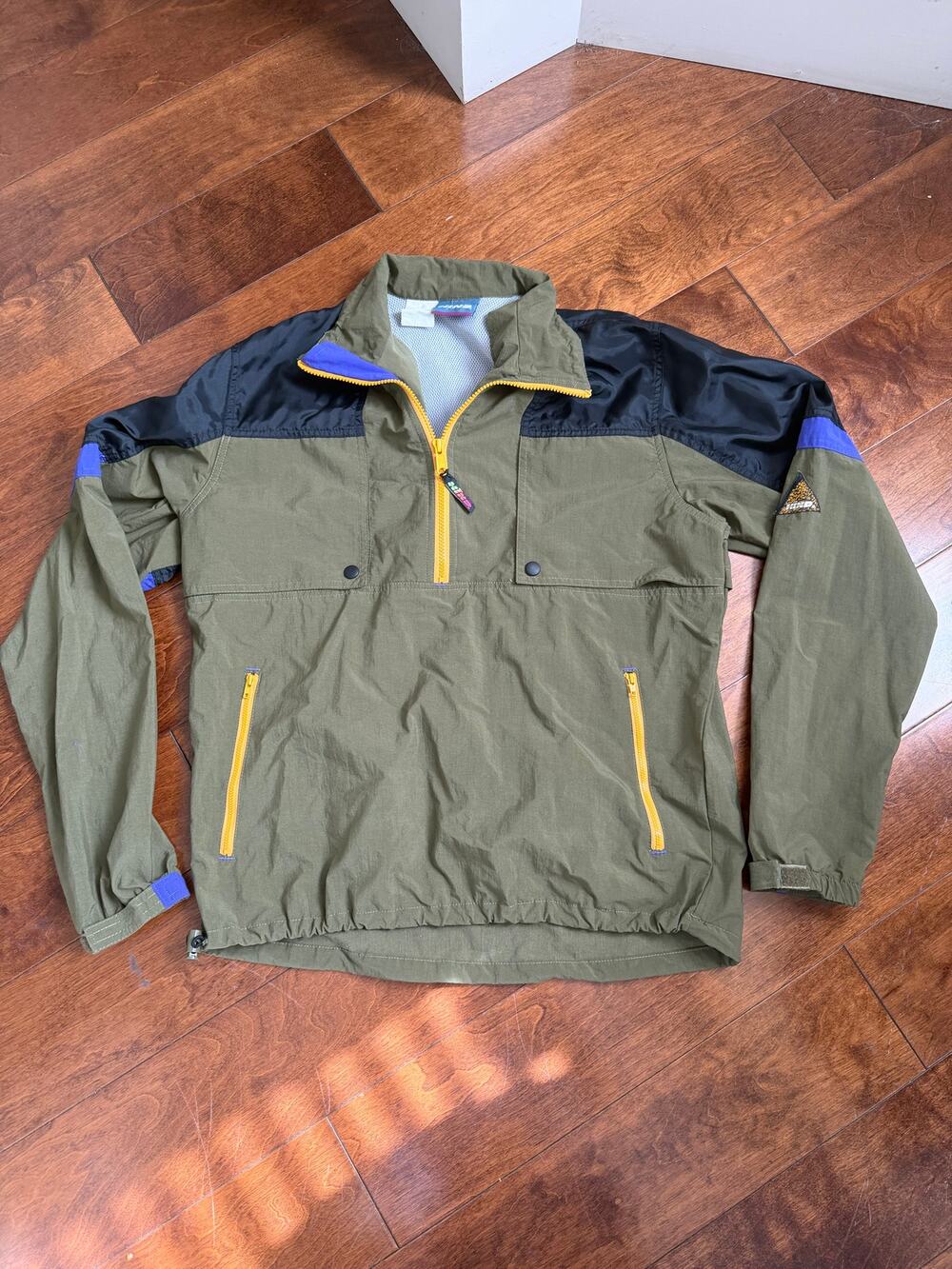 Vintage 90s Hind Anorak Pullover Jacket Mens Medium Olive Green Colorblock Nylon
